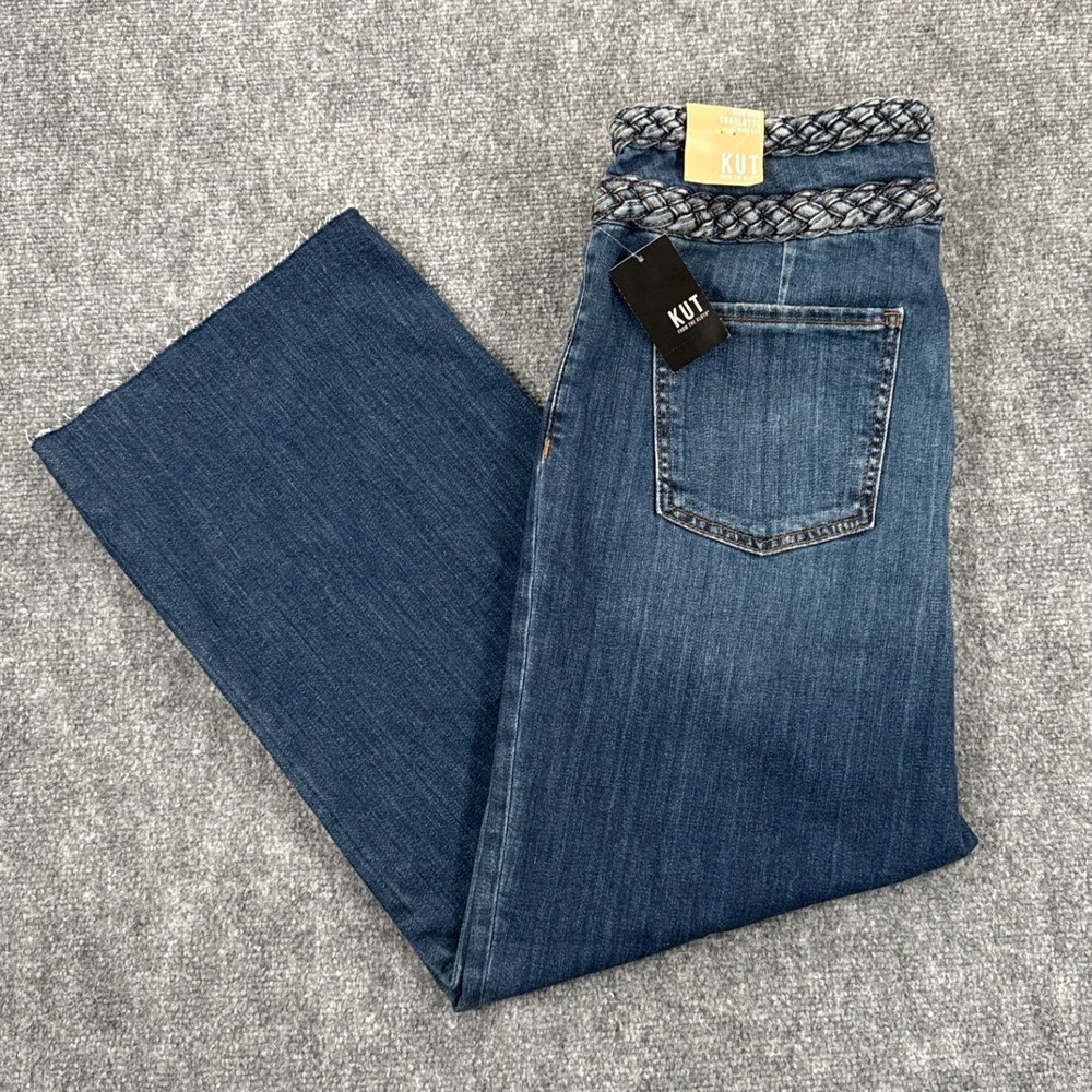 KUT From The Kloth Charlotte Jeans Womens 12 Wide Leg Braided Waist Raw Hem NWT